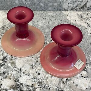 Antique Pair Peachblow Mt Washington Burmese Glass Candlesticks- Glows Under UV